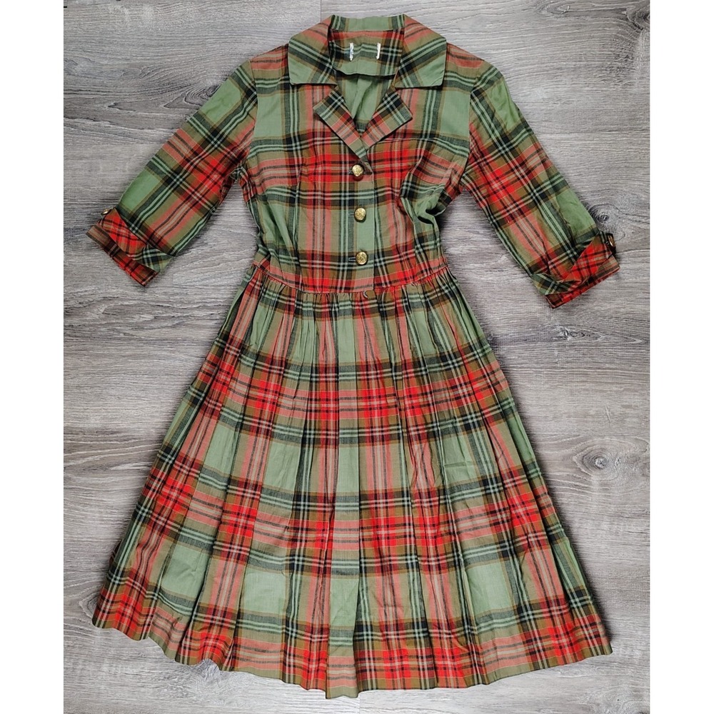 50s Style Plaid Cottagecore Shirt Dress Gold Buttons Collar Fit Flare NO‎ TAGS